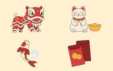 Chinese New Year Symbols Set with Lion Dance, Lucky Cat, Koi Fish and Red Envelopes