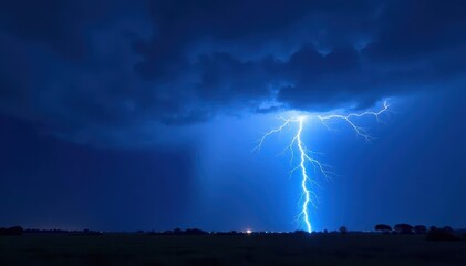 Electric blue lightning bolt streaks across a night sky , crack, stormy night, discharge