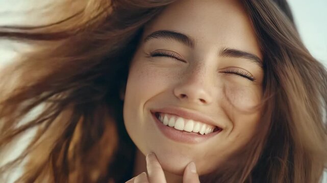Young lady with brown hair and freckles on her cheeks, smiling broadly at the camera while she runs through the wind on a beach or sandy terrain. Blurred background suggests motion.