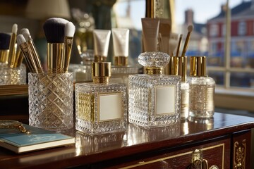 Elegant display of luxury perfumes, makeup brushes, and cosmetics on a refined dresser.