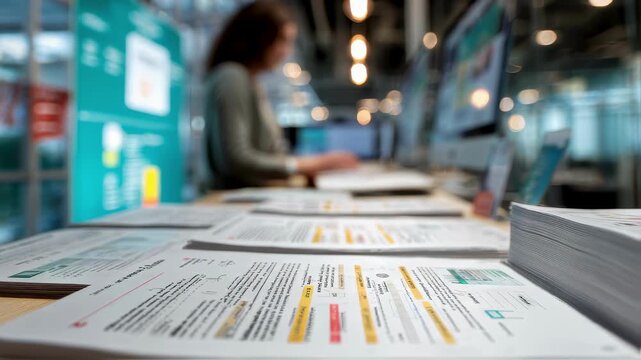 Medium shot showing a person annotated printed runbook pages focusing on bot error exception sections with a blurry modern workspace behind.