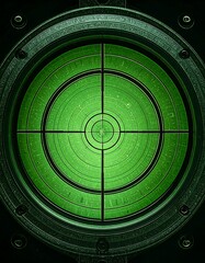 A detailed close-up view of a circular, green radar display with concentric circles and a center target.