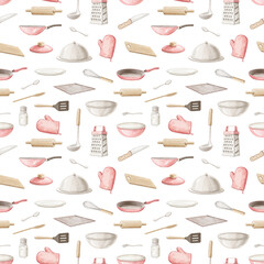 Seamless pattern set with cooking set of variety iron utensils for cooking food isolated on white background. Watercolor hand drawn illustration sketch