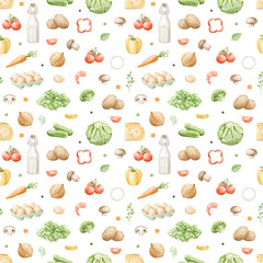 Seamless pattern set with a variety of fresh vegetables and other products for cooking isolated on white background. Watercolor hand drawn illustration sketch