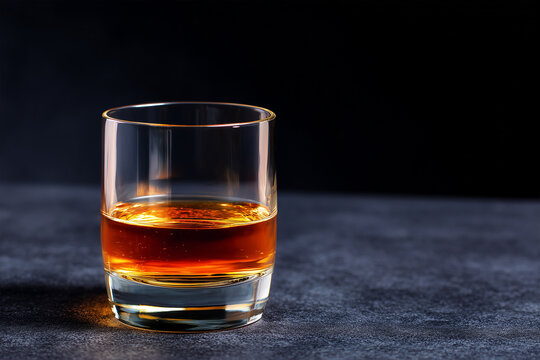 Whiskey served in a clear glass on a dark surface