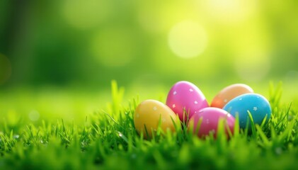 Vibrant Easter eggs nestled in lush green grass with bokeh , nature photography, happy, vibrant