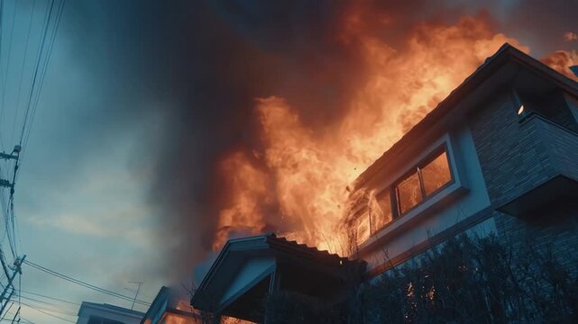 火事で燃える日本の家