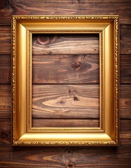 A golden picture frame sits against a rich brown wooden backdrop.