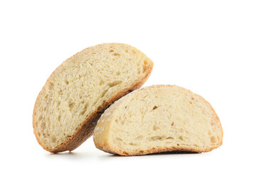 Cut loaf of fresh bread isolated on white background
