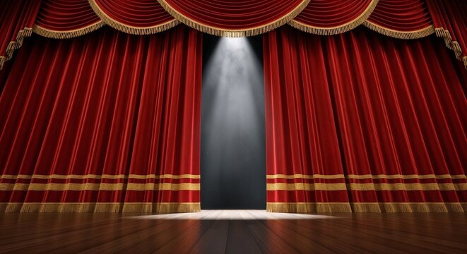 Red velvet stage curtain with golden fringe and spotlight on wooden floor. Classic theater interior for elegant burlesque and cabaret performances.