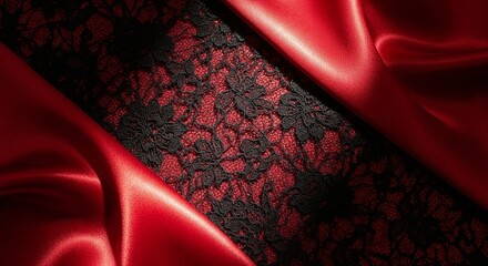 Red satin fabric background with black lace detail. Elegant textile texture for luxury event decoration and burlesque concepts.