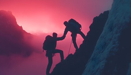 Fototapeta premium Two hikers with backpacks help each other climb a rocky mountain while the sun rises, casting a pink hue on the scene.