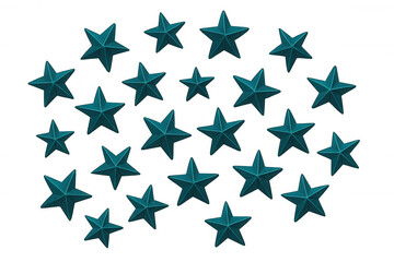 Turquoise 3d five-pointed stars circular pattern, radiating celebratory mood against transparent backdrop
