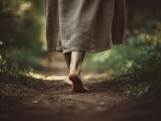 Woman walking barefoot on dirt path in forest