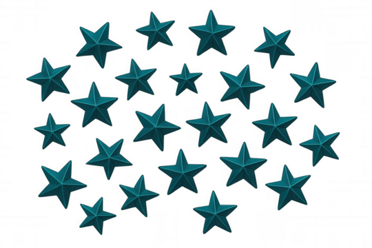 Turquoise 3d five-pointed stars circular pattern, radiating celebratory mood against transparent backdrop