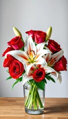 Fototapeta premium Crimson roses and pristine white lilies in a glass vase, glass vase, beauty