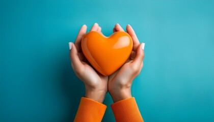 hands holding an orange heart on a blue background as a symbol of volunteer appreciation and community support