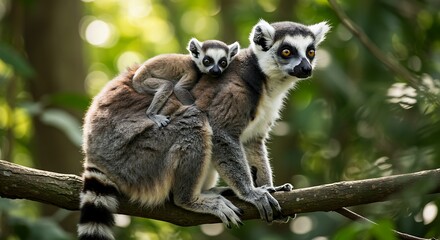 Fototapeta premium Ring-tailed lemur mother carrying her baby on her back amidst lush green foliage