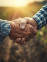 Obraz na płótnie Canvas Two farmers shaking hands in cultivated field at sunset