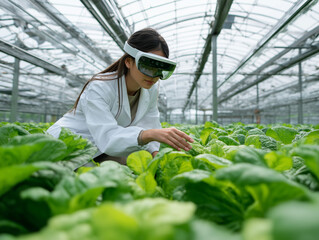 Scientist using smart glasses for analyzing plants in hydroponic enviroment