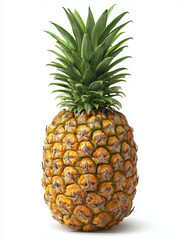 Ripe pineapple standing on white background with green leaves