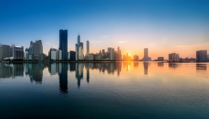 Fototapeta premium city skyline with calm water reflection at dawn