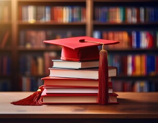 a red graduation cap sits atop a stack of books against a blurred bookshelf background