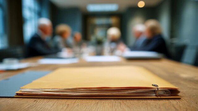Medium shot of a confidential folder marked for antibribery records sharply in focus on the table surface while a blurry conference room meeting occurs behind.