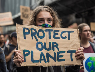Young activist holding sign protect our planet at climate change protest