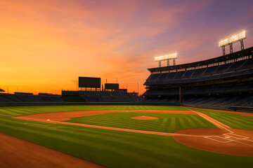 Sunset Baseball Panorama with Warm Hues and Empty Stadium for Sports Marketing