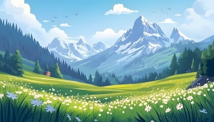 Fototapeta premium The illustration shows a picturesque valley landscape featuring snow-capped mountains, lush green meadows filled with white flowers, and a small cabin nestled amongst the trees.