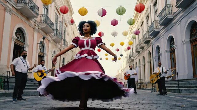 A woman in a red flamenco dress is the center of attention. She dances with her arms outstretched, twirling under a canopy of multicolored lanterns that hang above.