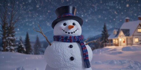 Obraz premium Charming snowman, starry night, snowy landscape, december, holiday