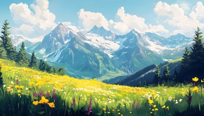 Fototapeta premium A vibrant landscape painting depicts a lush green meadow filled with yellow and white wildflowers, set against a backdrop of snow-covered mountains under a partly cloudy sky.