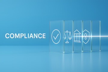 Transparent Compliance Art with Glowing Symbols for Regulatory Clarity and Adherence
