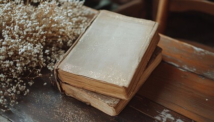 Obraz premium Two aged books with speckled covers sit on a dark brown wooden surface next to a bunch of dried white flowers, and gold glitter is sprinkled on the table.