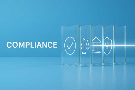 Transparent Compliance Art with Glowing Symbols for Regulatory Clarity and Adherence