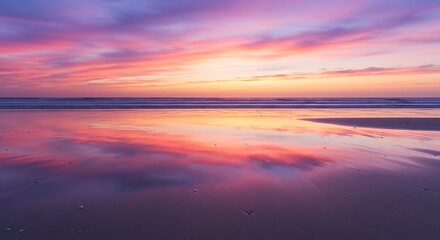 Fototapeta premium Vibrant Sunset Reflection on Wet Sand.