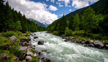 A tranquil mountain river winds through a lush green valley, framed by towering pines and dramatic peaks.