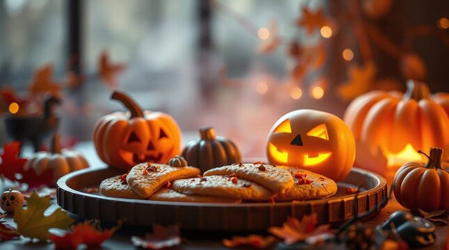 Halloween theme decorative composition with cookies on plate and smiling pumpkins