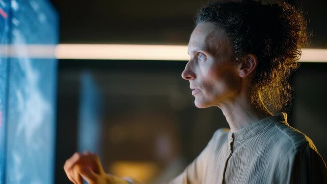 Medium shot of a consultant emphasizing main problem statements on a digital screen foreground clear while surroundings dimmed.