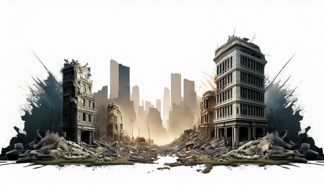 a destroyed city with a white background cutout and isolated and white background image