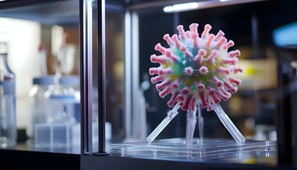 A detailed three-dimensional model of a coronavirus is shown on a clear stand inside of a glass case within a laboratory setting.