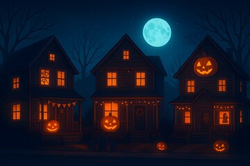 Houses decorated for Halloween at night with pumpkins and a full moon in the background