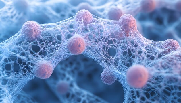 The illustration shows pink cells of varying sizes interconnected within a detailed blue fibrous network, resembling a microscopic structure.