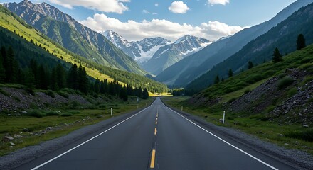 Fototapeta premium Road through the mountains under a blue sky.