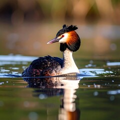 A beautiful great crested grebe gracefully gliding across a serene lake, showcasing its vibrant plumage and reflective surface.
