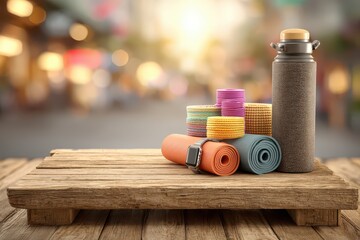 A collection of yoga equipment on a wooden platform, featuring colorful mats, resistance bands, a water bottle, and a smartwatch, set against a blurred urban backdrop.