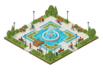 Isometric 3D view of a city park with fountain, benches, trees, flower beds, and walking paths, ideal for urban design, leisure, lifestyle, travel, and environmental concepts