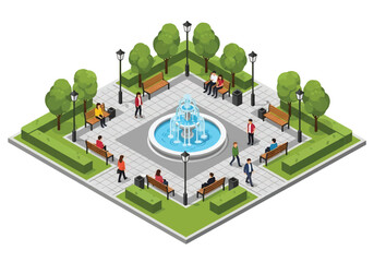 Isometric 3D view of a city park with fountain, benches, trees, flower beds, and walking paths, ideal for urban design, leisure, lifestyle, travel, and environmental concepts